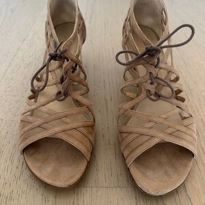 Stuart Weitzman Tan Suede Lace-Up Open-Toe Heels